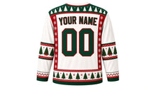 Load image into Gallery viewer, Ugly Christmas Tree Farm Hockey Jersey in Snow White, back view with a pine-tree and snowflake yoke, tree and bow sleeve bands, tree-row hem band, YOUR NAME lettering and 00 – custom name and number