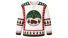Load image into Gallery viewer, Ugly Christmas Tree Farm Hockey Jersey in Snow White, front view – snow white body with a round decorated-pine, string-light and tree-wagon crest, pine-tree yoke, tree and bow sleeve bands and a tree-row hem band – custom name and number