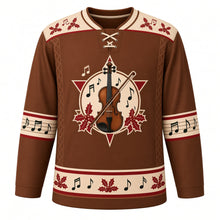 Load image into Gallery viewer, Ugly Christmas Folk Fiddle Hoedown Hockey Jersey in Fiddle Brown, front view – folk fiddle and bow framed by red holly and music notes on a star crest, cream holly yoke, music-staff elbow bands on fiddle brown – custom name and number