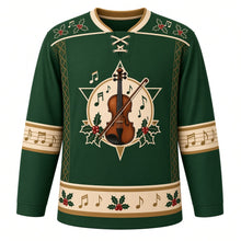 Load image into Gallery viewer, Ugly Christmas Folk Fiddle Hoedown Hockey Jersey in Holly Green, front view – fiddle and bow on a star crest with holly berries and music notes on holly green, gold-trimmed music-staff bands and diamond side panels – custom name and number