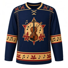 Load image into Gallery viewer, Ugly Christmas Folk Fiddle Hoedown Hockey Jersey in Midnight Navy, front view – fiddle and bow with red holly and music notes on a gold star crest, gold and red music-staff bands and diamond side panels on midnight navy – custom name and number