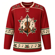 Load image into Gallery viewer, Ugly Christmas Folk Fiddle Hoedown Hockey Jersey in Barn Red, front view – wooden fiddle and bow with holly sprigs and music notes on a star-shaped cream crest, holly yoke, music-staff elbow bands and a holly and notes hem band – custom name and number