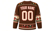 Load image into Gallery viewer, Ugly Christmas Cozy Fireplace Hockey Jersey in Chestnut Brown, back view with a flame-and-candle yoke, mug, candle and log sleeve bands, fireplace-and-mug hem band, arched YOUR NAME lettering and 00 – custom name and number