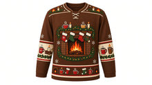 Load image into Gallery viewer, Ugly Christmas Cozy Fireplace Hockey Jersey in Chestnut Brown, front view – chestnut brown body with a round crackling-fireplace crest with a yule log, stocking mantle, mugs, candles and pine garland, a flame-and-candle yoke, mug and candle sleeve bands and a fireplace-and-mug hem band – custom name and number