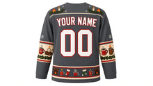 Load image into Gallery viewer, Ugly Christmas Cozy Fireplace Hockey Jersey in Slate Gray, back view with a flame-and-candle yoke, mug, candle and log sleeve bands, fireplace-and-mug hem band, arched YOUR NAME lettering and 00 – custom name and number