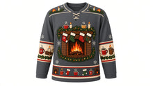 Load image into Gallery viewer, Ugly Christmas Cozy Fireplace Hockey Jersey in Slate Gray, front view – slate gray body with a round crackling-fireplace crest with a yule log, stocking mantle, mugs, candles and pine garland, a flame-and-candle yoke, mug and candle sleeve bands and a fireplace-and-mug hem band – custom name and number