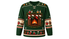 Load image into Gallery viewer, Ugly Christmas Cozy Fireplace Hockey Jersey in Spruce Green, front view – spruce green body with a round crackling-fireplace crest with a yule log, stocking mantle, mugs, candles and pine garland, a flame-and-candle yoke, mug and candle sleeve bands and a fireplace-and-mug hem band – custom name and number