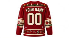 Load image into Gallery viewer, Ugly Christmas Cozy Fireplace Hockey Jersey in Fireside Red, back view with a flame-and-candle yoke, mug, candle and log sleeve bands, fireplace-and-mug hem band, arched YOUR NAME lettering and 00 – custom name and number