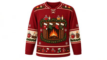 Load image into Gallery viewer, Ugly Christmas Cozy Fireplace Hockey Jersey in Fireside Red, front view – fireside red body with a round crackling-fireplace crest with a yule log, stocking mantle, mugs, candles and pine garland, a flame-and-candle yoke, mug and candle sleeve bands and a fireplace-and-mug hem band – custom name and number