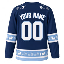 Load image into Gallery viewer, Ugly Christmas Arctic Fox Frolic Hockey Jersey in Midnight Navy, back view with a paw-print and snowflake yoke, sleeve and hem bands of little white foxes, pines and snowflakes, arched YOUR NAME lettering and 00 – custom name and number