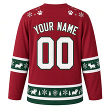 Load image into Gallery viewer, Ugly Christmas Arctic Fox Frolic Hockey Jersey in Cranberry Red, back view with a paw-print and snowflake yoke, sleeve and hem bands of little white foxes, pines and snowflakes, arched YOUR NAME lettering and 00 – custom name and number