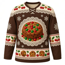 Load image into Gallery viewer, Ugly Christmas Fruitcake Fiasco Hockey Jersey in Chocolate Brown, front view – chocolate brown body with cream yoke with a round candied fruit loaf crest on a lace doily plate with cherries and nuts, doily yoke, cherry and nut sleeve bands and a fruitcake-slice hem band – custom name and number