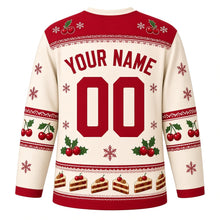Load image into Gallery viewer, Ugly Christmas Fruitcake Fiasco Hockey Jersey in Cream, back view with a doily and cherry yoke, cherry and nut sleeve bands, fruitcake-slice hem band, arched YOUR NAME lettering and 00 – custom name and number