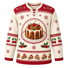 Load image into Gallery viewer, Ugly Christmas Fruitcake Fiasco Hockey Jersey in Cream, front view – cream body with cranberry yoke with a round candied fruit loaf crest on a lace doily plate with cherries and nuts, doily yoke, cherry and nut sleeve bands and a fruitcake-slice hem band – custom name and number
