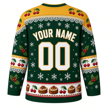 Load image into Gallery viewer, Ugly Christmas Fruitcake Fiasco Hockey Jersey in Forest Green, back view with a doily and cherry yoke, cherry and nut sleeve bands, fruitcake-slice hem band, arched YOUR NAME lettering and 00 – custom name and number