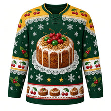 Load image into Gallery viewer, Ugly Christmas Fruitcake Fiasco Hockey Jersey in Forest Green, front view – forest green body with gold yoke with a round candied fruit loaf crest on a lace doily plate with cherries and nuts, doily yoke, cherry and nut sleeve bands and a fruitcake-slice hem band – custom name and number