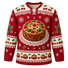 Load image into Gallery viewer, Ugly Christmas Fruitcake Fiasco Hockey Jersey in Cranberry Red, front view – cranberry red body with cream yoke with a round candied fruit loaf crest on a lace doily plate with cherries and nuts, doily yoke, cherry and nut sleeve bands and a fruitcake-slice hem band – custom name and number