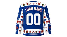 Load image into Gallery viewer, Ugly Christmas Gift Wrap Frenzy Hockey Jersey in Royal Blue, back view with a gift-box and snowflake yoke, gift and bow sleeve bands, gift hem band, arched YOUR NAME lettering and 00 – custom name and number