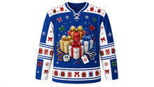 Load image into Gallery viewer, Ugly Christmas Gift Wrap Frenzy Hockey Jersey in Royal Blue, front view – royal blue body with a round wrapped-presents crest with bows, ribbon curls, tape roll and scissors, gift-box yoke, gift and bow sleeve bands and a gift hem band – custom name and number