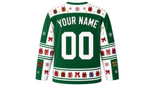 Load image into Gallery viewer, Ugly Christmas Gift Wrap Frenzy Hockey Jersey in Emerald Green, back view with a gift-box and snowflake yoke, gift and bow sleeve bands, gift hem band, arched YOUR NAME lettering and 00 – custom name and number