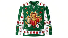 Load image into Gallery viewer, Ugly Christmas Gift Wrap Frenzy Hockey Jersey in Emerald Green, front view – emerald green body with a round wrapped-presents crest with bows, ribbon curls, tape roll and scissors, gift-box yoke, gift and bow sleeve bands and a gift hem band – custom name and number