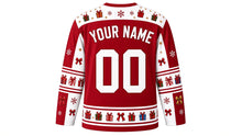 Load image into Gallery viewer, Ugly Christmas Gift Wrap Frenzy Hockey Jersey in Cranberry Red, back view with a gift-box and snowflake yoke, gift and bow sleeve bands, gift hem band, arched YOUR NAME lettering and 00 – custom name and number