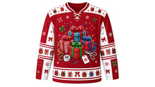 Load image into Gallery viewer, Ugly Christmas Gift Wrap Frenzy Hockey Jersey in Cranberry Red, front view – cranberry red body with a round wrapped-presents crest with bows, ribbon curls, tape roll and scissors, gift-box yoke, gift and bow sleeve bands and a gift hem band – custom name and number