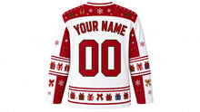 Load image into Gallery viewer, Ugly Christmas Gift Wrap Frenzy Hockey Jersey in Snow White, back view with a gift-box and snowflake yoke, gift and bow sleeve bands, gift hem band, arched YOUR NAME lettering and 00 – custom name and number