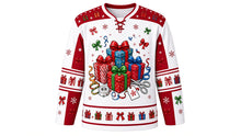 Load image into Gallery viewer, Ugly Christmas Gift Wrap Frenzy Hockey Jersey in Snow White, front view – snow white body with red yoke with a round wrapped-presents crest with bows, ribbon curls, tape roll and scissors, gift-box yoke, gift and bow sleeve bands and a gift hem band – custom name and number