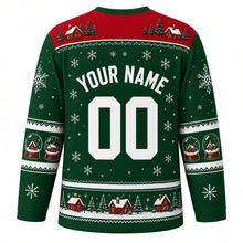 Load image into Gallery viewer, Ugly Christmas Snow Globe Village Hockey Jersey in Evergreen, back view with a snow globe and cottage yoke, house and pine sleeve bands, snow globe hem band, arched YOUR NAME lettering and 00 – custom name and number