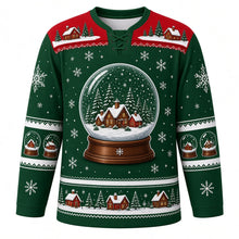 Load image into Gallery viewer, Ugly Christmas Snow Globe Village Hockey Jersey in Evergreen, front view – evergreen body with red yoke with a giant snow globe crest with tiny glowing cottages, snowy pines and swirling snow, snow globe yoke, cottage and pine sleeve bands and a globe-and-house hem band – custom name and number
