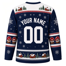 Load image into Gallery viewer, Ugly Christmas Snow Globe Village Hockey Jersey in Midnight Blue, back view with a snow globe and cottage yoke, house and pine sleeve bands, snow globe hem band, arched YOUR NAME lettering and 00 – custom name and number