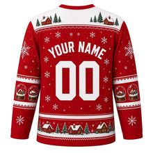 Load image into Gallery viewer, Ugly Christmas Snow Globe Village Hockey Jersey in Berry Red, back view with a snow globe and cottage yoke, house and pine sleeve bands, snow globe hem band, arched YOUR NAME lettering and 00 – custom name and number