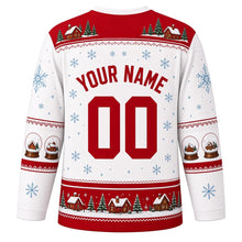 Load image into Gallery viewer, Ugly Christmas Snow Globe Village Hockey Jersey in Frost White, back view with a snow globe and cottage yoke, house and pine sleeve bands, snow globe hem band, arched YOUR NAME lettering and 00 – custom name and number