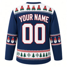 Load image into Gallery viewer, Ugly Christmas Gnome Gang Hockey Jersey in Denim Blue, back view with a deep navy-toned body, white yoke of knit pom-pom hats, gnome-face sleeve bands, a pine and snowflake hem band, YOUR NAME and 00 – your name and number