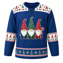 Load image into Gallery viewer, Ugly Christmas Gnome Gang Hockey Jersey in Denim Blue, front view – three gnomes in red and green star-print hats with a candy cane, white gnome-and-mushroom yoke, gnome sleeve bands and a navy pine and snowflake hem band – custom name and number