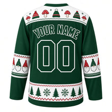 Load image into Gallery viewer, Ugly Christmas Gnome Gang Hockey Jersey in Forest Green, back view with a white mushroom and knit-hat yoke, gnome sleeve bands, a pine and snowflake hem band, outlined YOUR NAME and 00 – your name and number