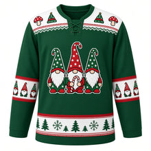 Load image into Gallery viewer, Ugly Christmas Gnome Gang Hockey Jersey in Forest Green, front view – three bearded gnomes in red and green star-print hats with a candy cane, white mushroom-and-pine yoke, gnome sleeve bands and a snowflake and pine hem band – custom name and number