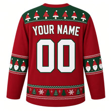 Load image into Gallery viewer, Ugly Christmas Gnome Gang Hockey Jersey in Cranberry Red, back view with a green mushroom yoke, gnome-face sleeve bands, a pine and snowflake hem band, white YOUR NAME and 00 – your name and number