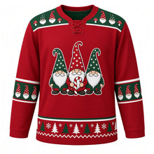 Load image into Gallery viewer, Ugly Christmas Gnome Gang Hockey Jersey in Cranberry Red, front view – three bearded gnomes in star-print pointy hats holding a candy cane, green gnome-and-mushroom yoke, gnome sleeve bands and a pine tree and snowflake hem band – custom name and number