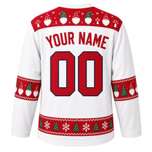 Load image into Gallery viewer, Ugly Christmas Gnome Gang Hockey Jersey in Snow White, back view with a red gnome and mushroom yoke, gnome sleeve bands, a red pine and snowflake hem band, red YOUR NAME and 00 – your name and number