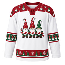 Load image into Gallery viewer, Ugly Christmas Gnome Gang Hockey Jersey in Snow White, front view – three gnomes carrying a long candy cane, red gnome-and-mushroom yoke, green gnome sleeve bands and a red pine and snowflake hem band – custom name and number