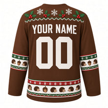 Load image into Gallery viewer, Ugly Christmas Hedgehog Holly Hideaway Hockey Jersey in Acorn Brown, back view with a holly-patterned yoke, hedgehog and acorn sleeve and hem bands, arched YOUR NAME lettering and 00 – custom name and number