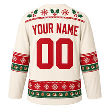Load image into Gallery viewer, Ugly Christmas Hedgehog Holly Hideaway Hockey Jersey in Snow Cream, back view with a holly-patterned yoke, hedgehog and acorn sleeve and hem bands, arched YOUR NAME lettering and 00 – custom name and number