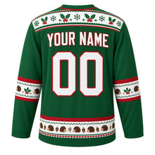Load image into Gallery viewer, Ugly Christmas Hedgehog Holly Hideaway Hockey Jersey in Holly Green, back view with a holly-patterned yoke, hedgehog and acorn sleeve and hem bands, arched YOUR NAME lettering and 00 – custom name and number