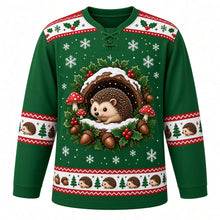 Load image into Gallery viewer, Ugly Christmas Hedgehog Holly Hideaway Hockey Jersey in Holly Green, front view – holly green body with a holly-patterned yoke with a brown hedgehog in a twig nest under a snowy hollow log with holly, red berries, acorns and red toadstools, plus hedgehog and acorn bands – custom name and number