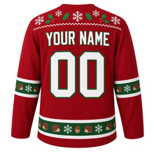 Load image into Gallery viewer, Ugly Christmas Hedgehog Holly Hideaway Hockey Jersey in Berry Red, back view with a holly-patterned yoke, hedgehog and acorn sleeve and hem bands, arched YOUR NAME lettering and 00 – custom name and number