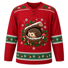 Load image into Gallery viewer, Ugly Christmas Hedgehog Holly Hideaway Hockey Jersey in Berry Red, front view – berry red body with a holly-patterned yoke with a brown hedgehog in a twig nest under a snowy hollow log with holly, red berries, acorns and red toadstools, plus hedgehog and acorn bands – custom name and number