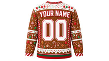 Load image into Gallery viewer, Ugly Christmas Gingerbread Mayhem Hockey Jersey in Gingerbread Brown, back view – gingerbread brown body with cream gumdrop yoke and red-and-white candy-stripe side panels – a candy yoke, candy-stripe side panels and sleeve bands, an icing-drip hem stripe band, arched YOUR NAME lettering and a big 00 number – custom name and number