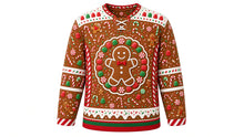 Load image into Gallery viewer, Ugly Christmas Gingerbread Mayhem Hockey Jersey in Gingerbread Brown, front view – gingerbread brown body with cream gumdrop yoke and red-and-white candy-stripe side panels – laced V-neck, gumdrop shoulder yoke, gingerbread man crest in a gumdrop wreath, candy-stripe side panels, candy sleeve bands and an icing-drip hem stripe band – custom name and number